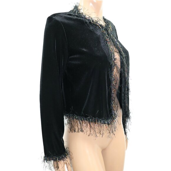 Ronni Nicole Black Velvet Eyelash Trim Beaded Shaggy Bolero Shrug Jacket M - Picture 2 of 5